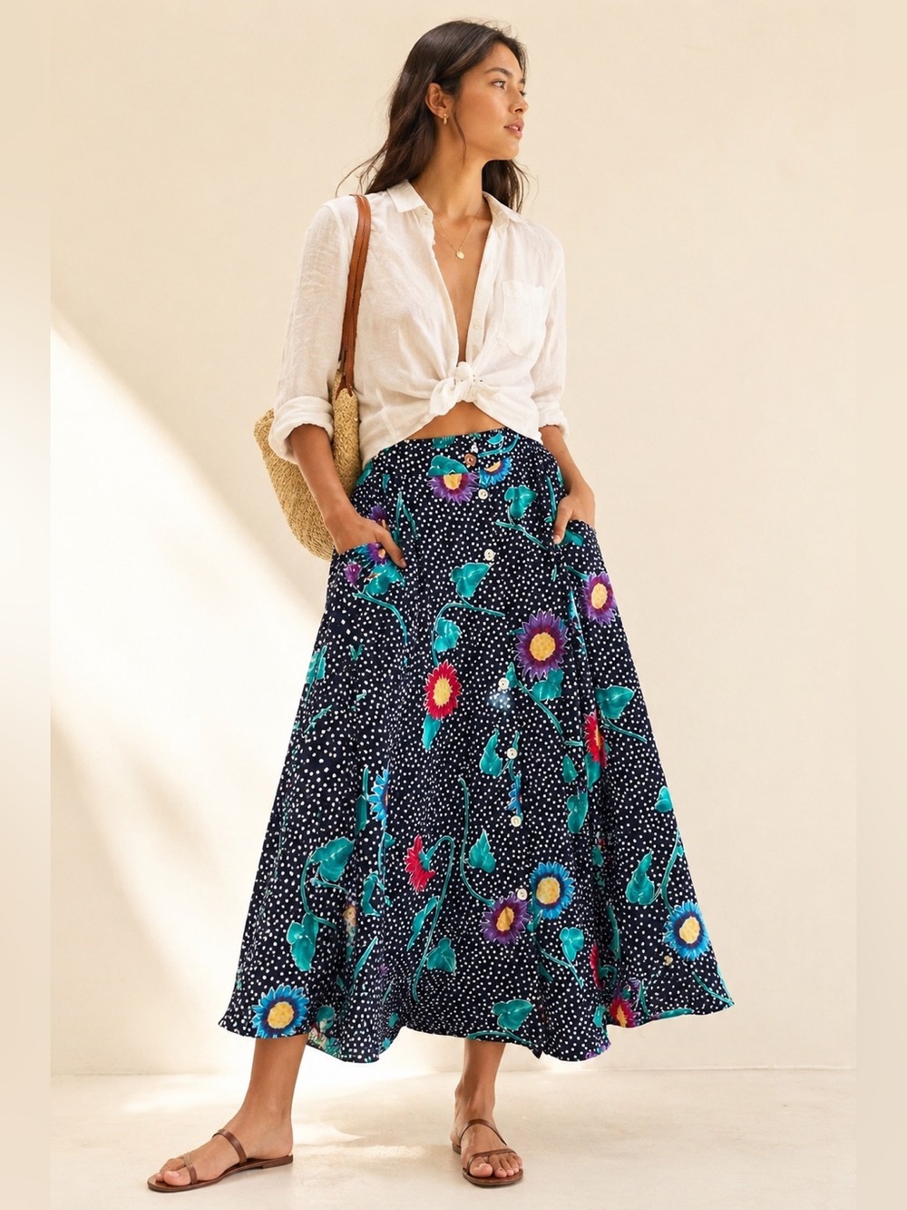 90s Coquette Polka Dot Floral print Button Front Maxi Skirt Pockets Sz 20W